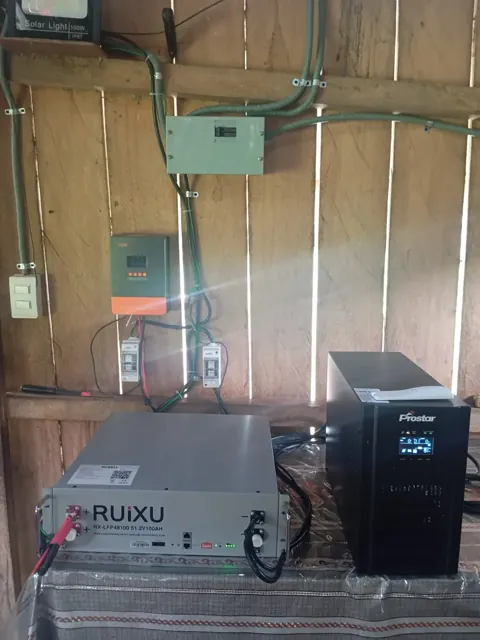 Tablero eléctrico, controlador de carga MPPT y batería en una instalación aislada.